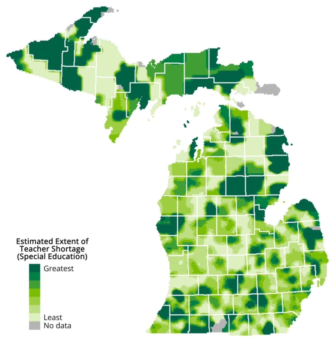 A map of Michigan showing shortages of special education teachers