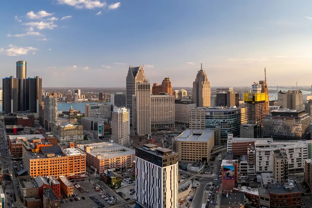 An aerial view of the Detroit skyline.