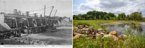 A black and white photo on the left and a modern photo on the right