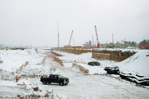 A snowy construction site.