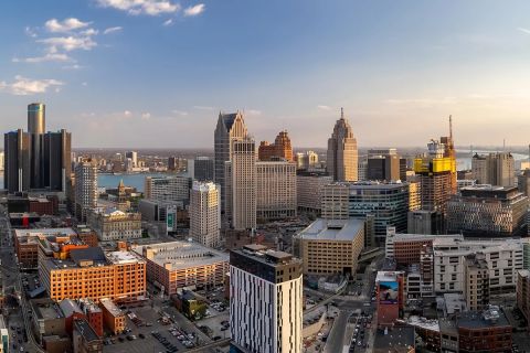 An aerial view of the Detroit skyline. 