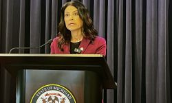 Michigan Attorney General Dana Nessel at a press conference. 