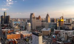 An aerial view of the Detroit skyline. 