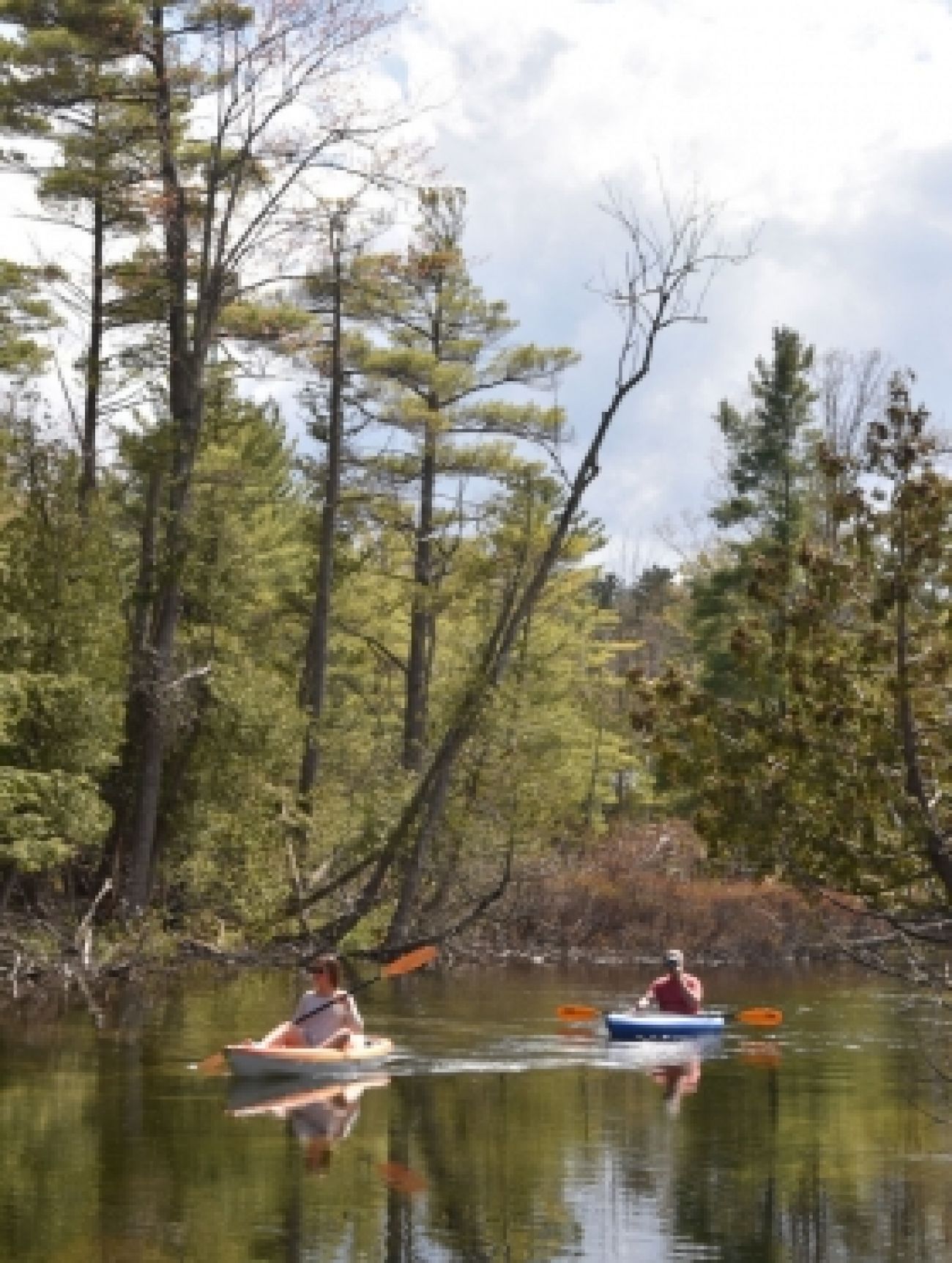 Two kayakers paddling down the river