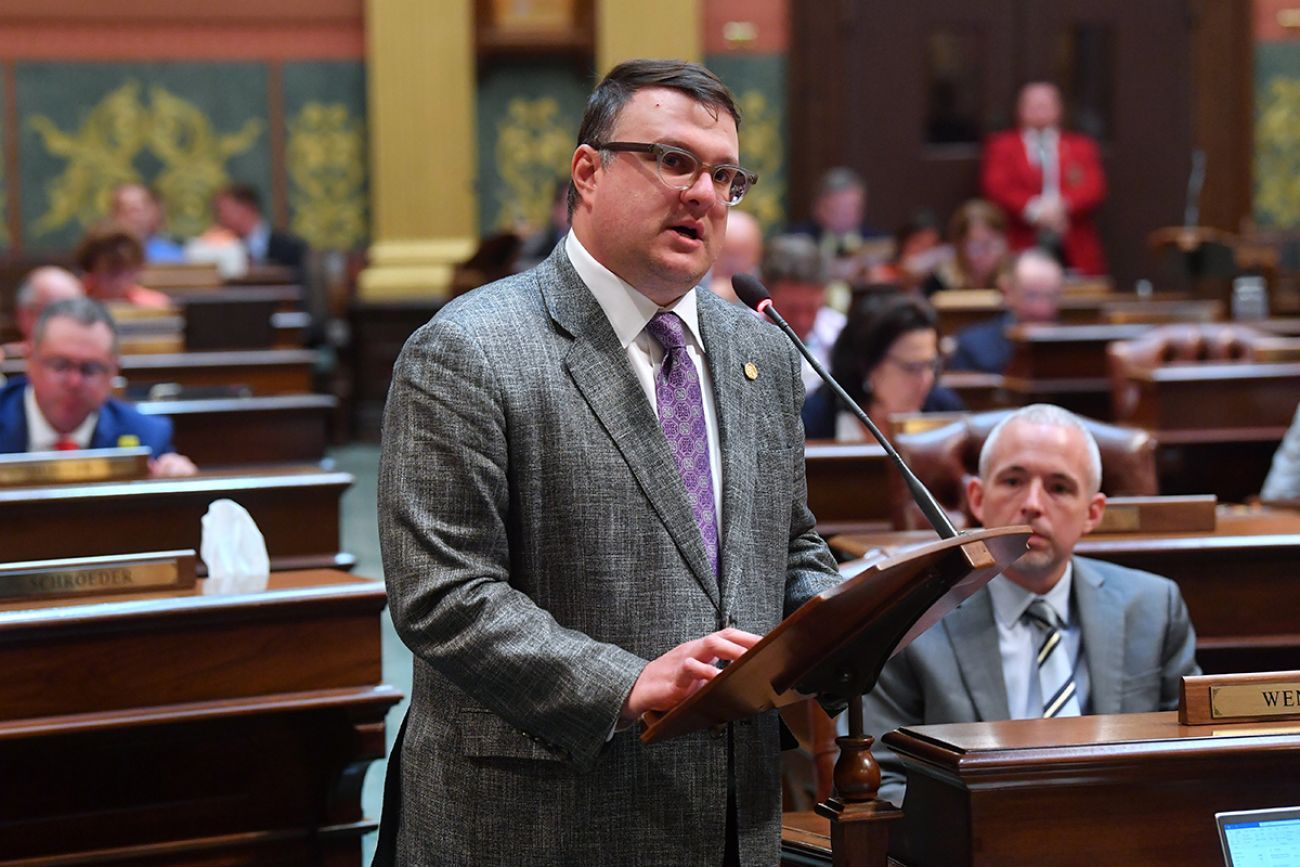 Michigan House Minority Leader Matt Hall talking in a house session