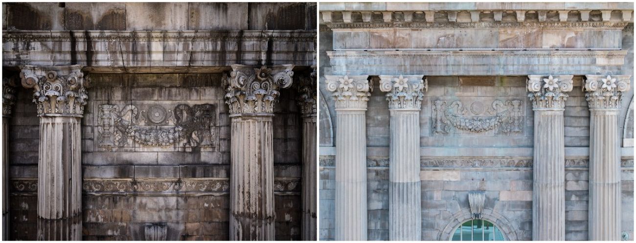 a dirty building on the left.the picture focuses of the columns of the building. there are two more columns and much cleaner on the right