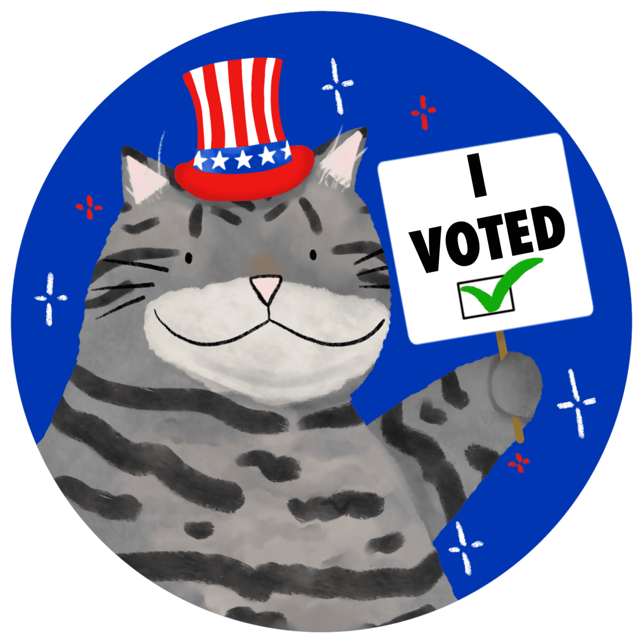 A cat with a hat holding a sign that says "I Voted"