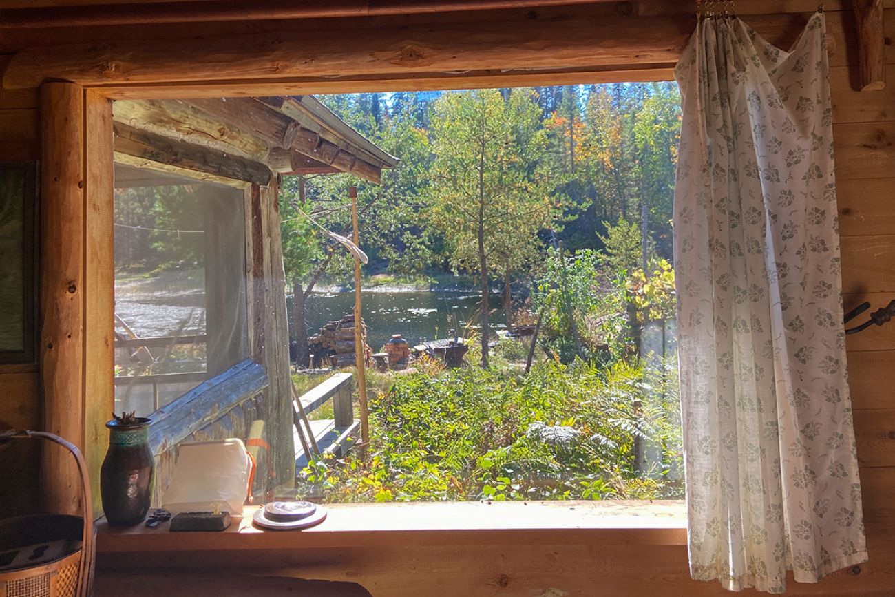 A window open in a cabin; outside of it you can see a tree and pond