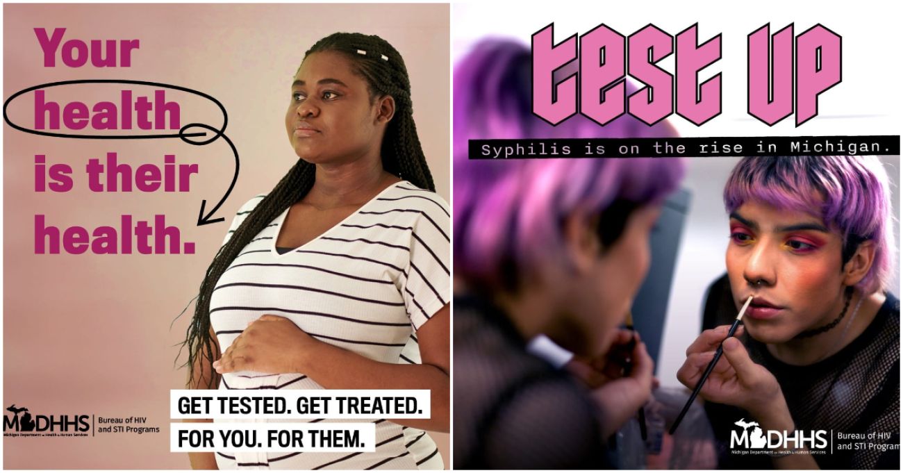 One PSA ad shows a pregnant woman and the other shows a person putting on makeup. Both ads are promote getting tested for STDs