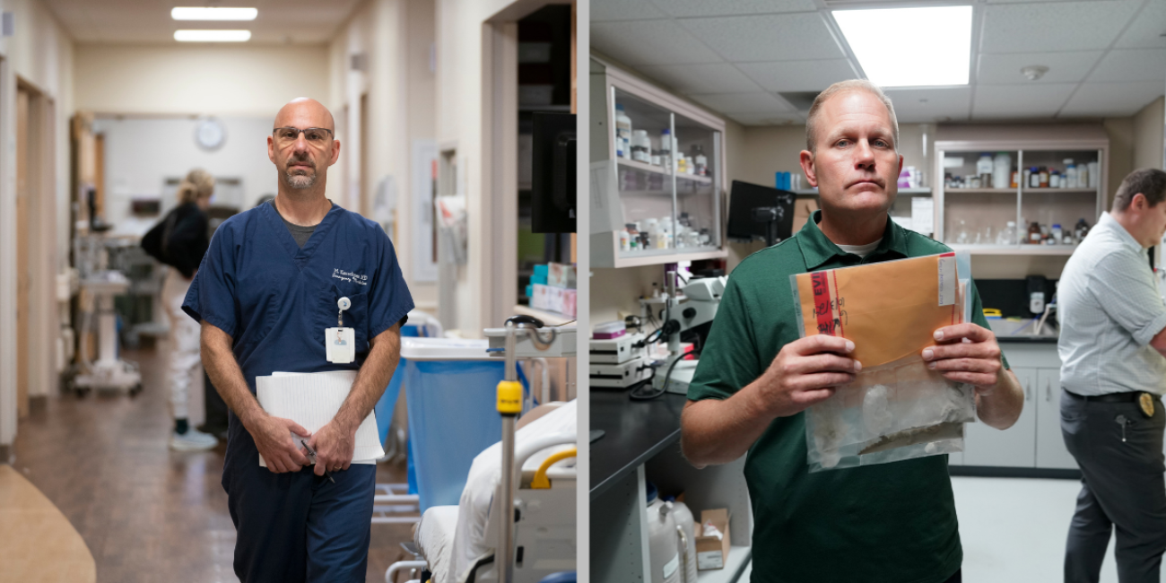 Split photo: On the left, a man stands in a hospital hallway. On the right, man stands in lab holding bag of white powder