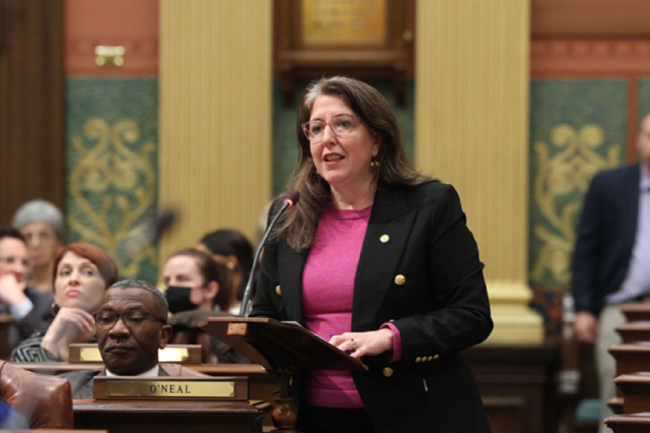 Woman stands in Michigan House Chambers