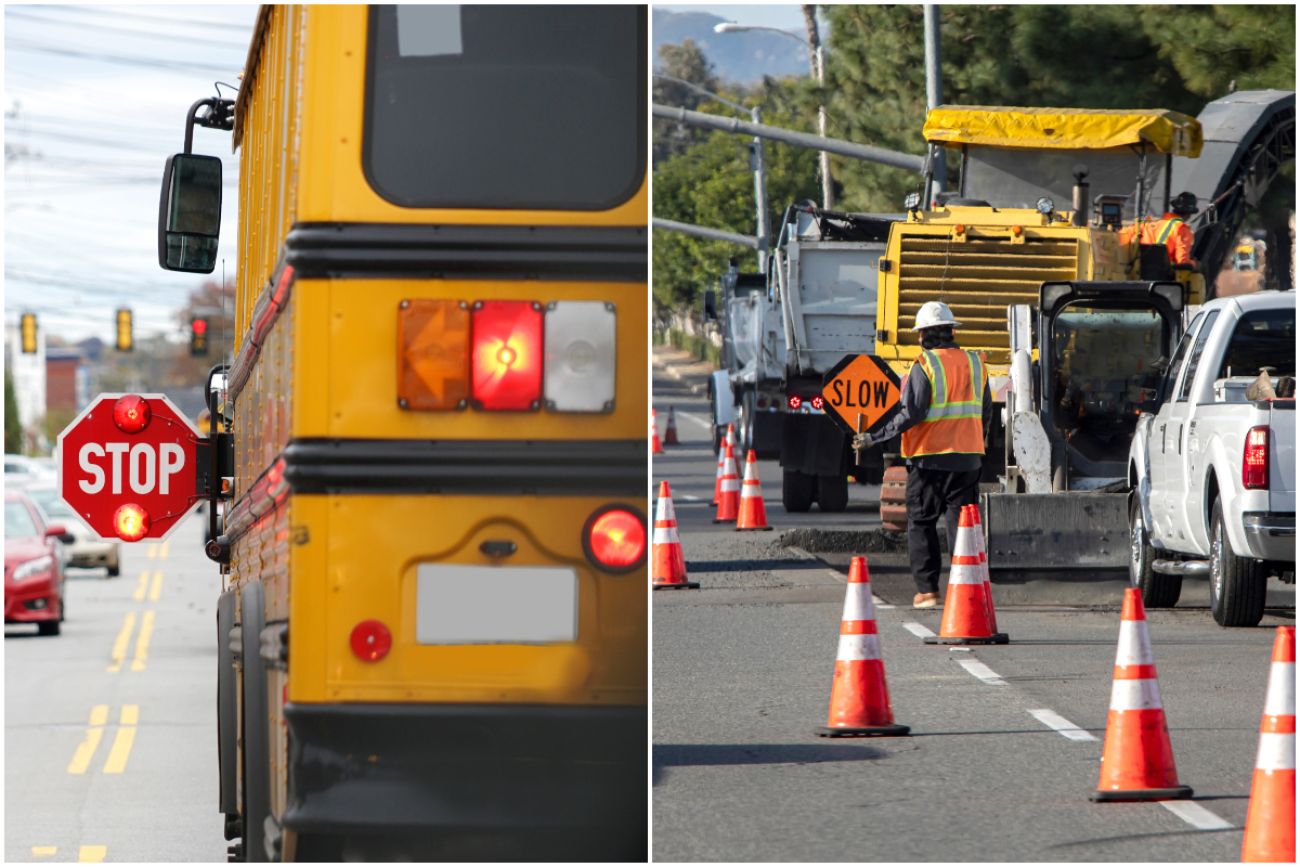 School bus on the left and construction on the right