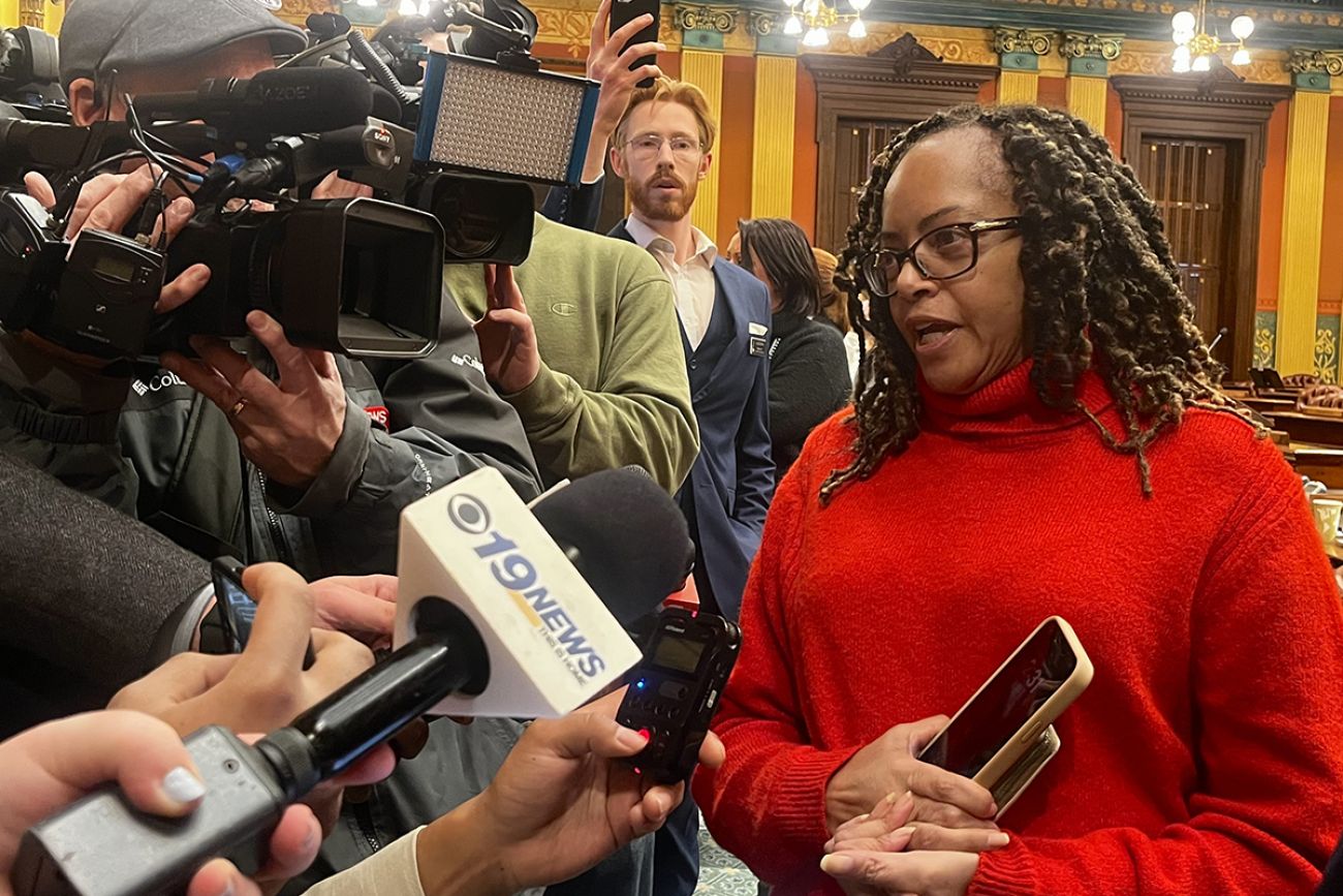 State Rep. Karen Whitsett, D-Detroit, talking to reporters 