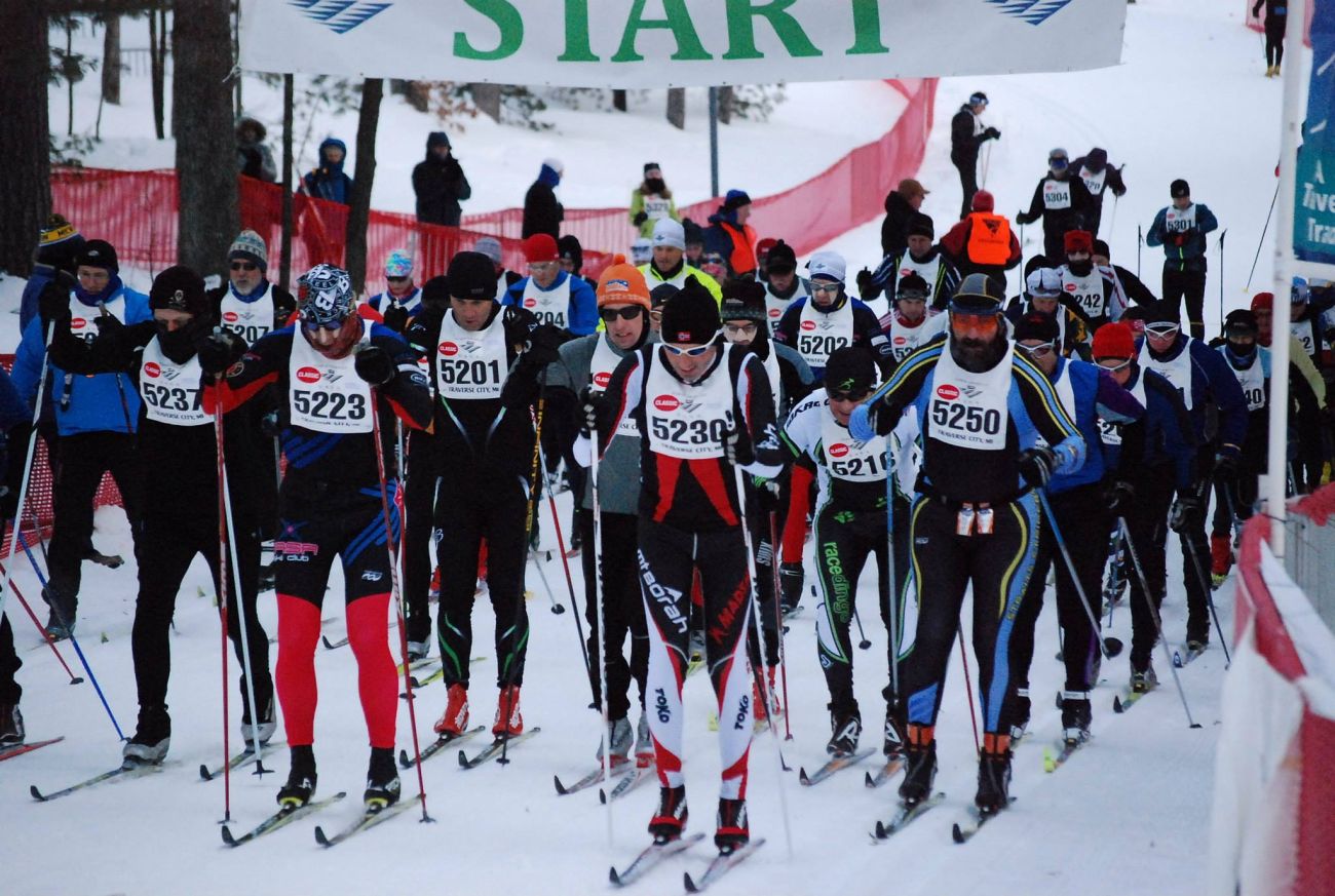 A bunch of skiers at the start line at the Hickory Hills Recreation Area