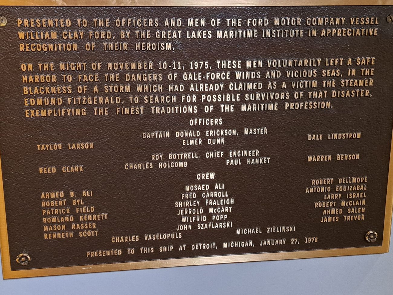 A brown plaque in the SS William Clay Ford. 