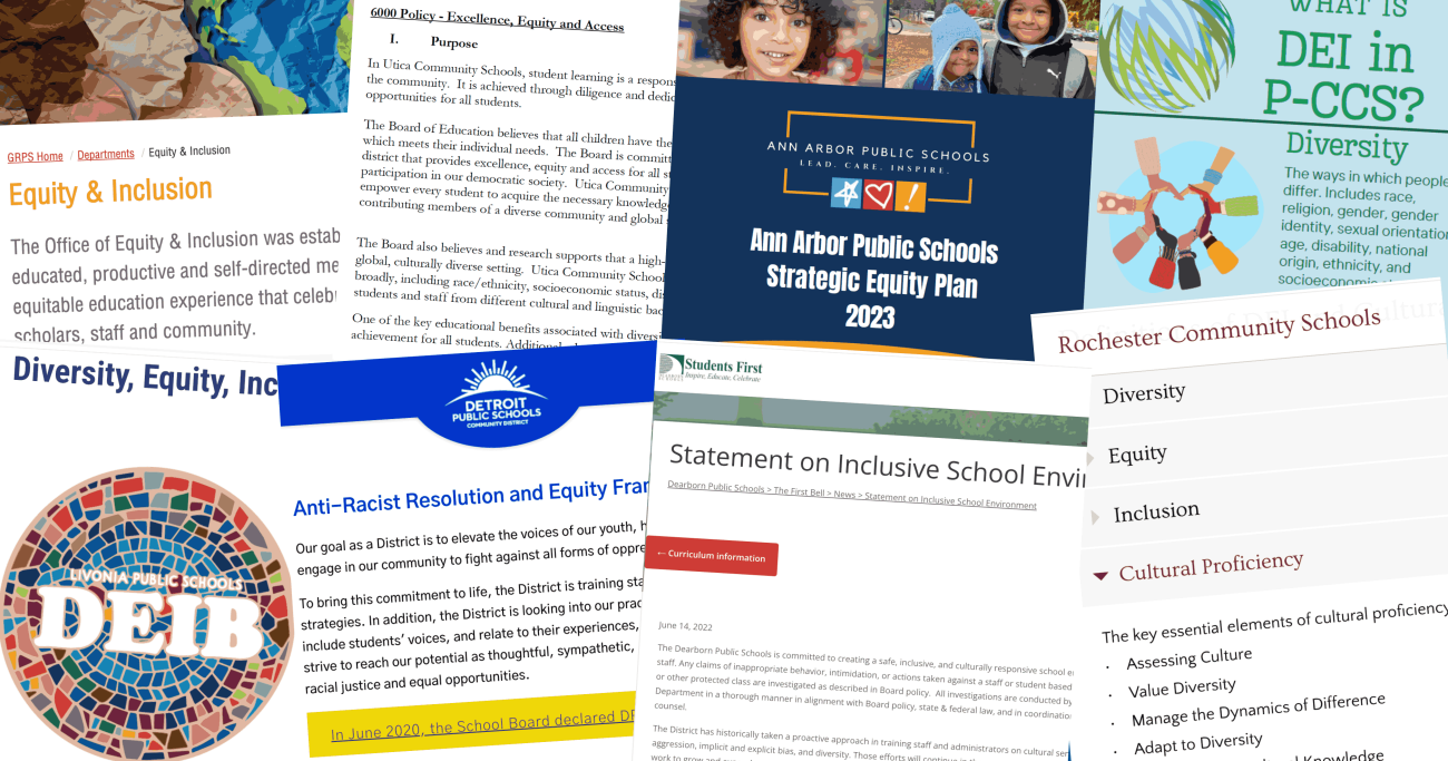 A collage of info about DEI in Michigan schools.