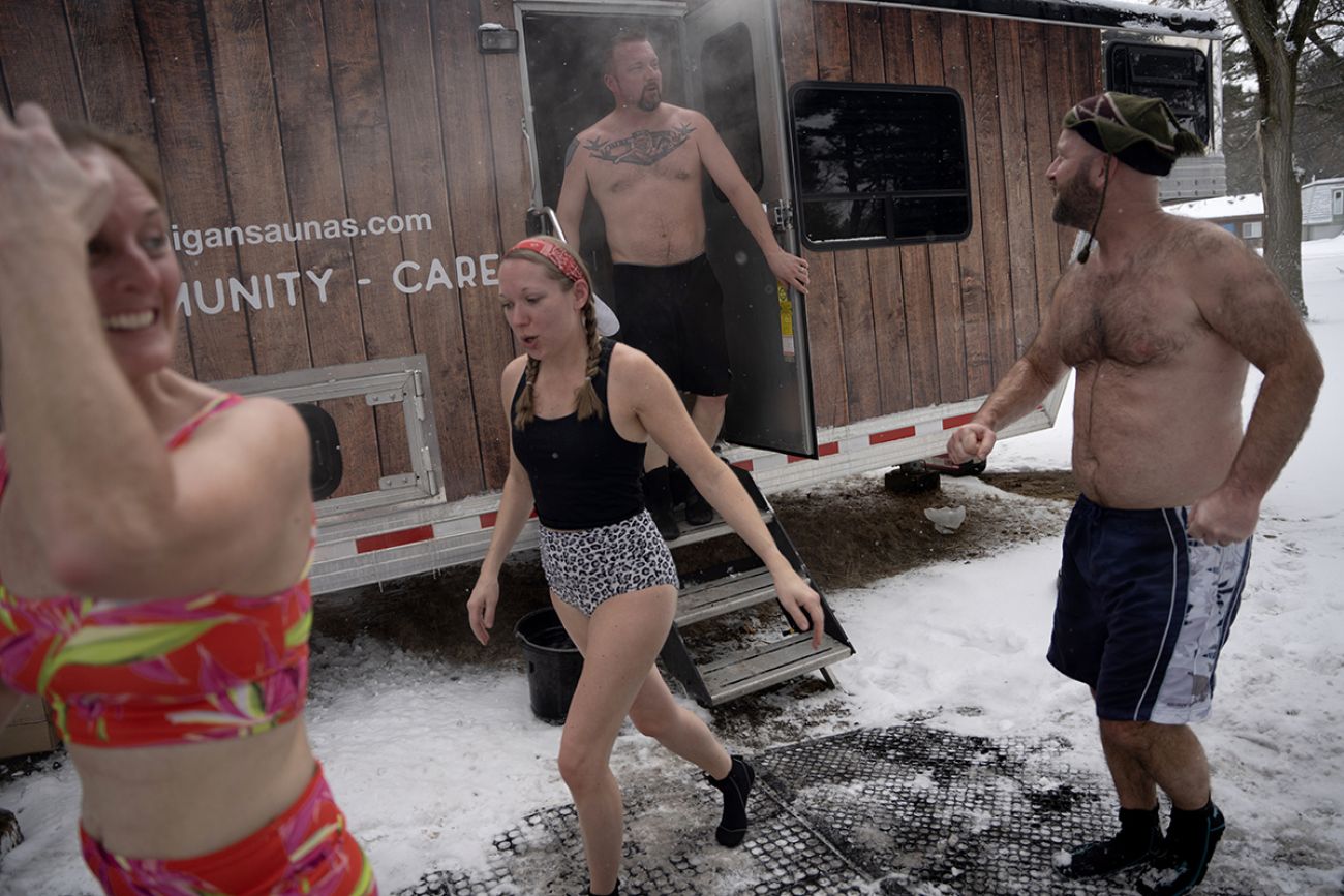 People coming out of sauna. 