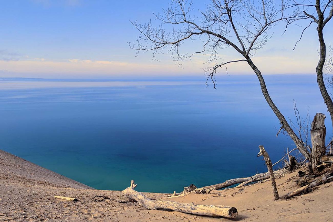 Lake Michigan can be seen at Sleeping Bear Dunes. 