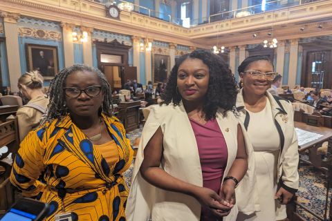 Sen. Sarah Anthony (middle), D-Lansing — along with Sens. Erika Geiss (left), D-Taylor, and Sylvia Santana (right), D-Detroit — speak to reporters