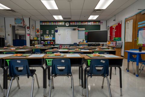 Wide angle view of empty elementary school classroom 