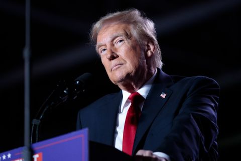 Closeup of Donald Trump on stage during rally in Warren Michigan 