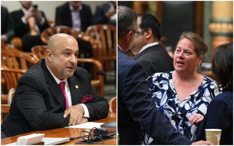 Michigan Rep. Tullio Liberati sitting at a table on the left and Michigan Rep. Sarah Lightner speaking to someone on the right