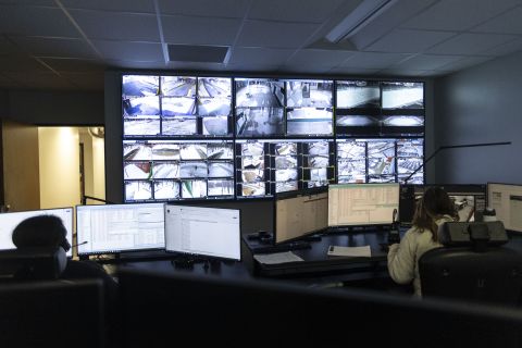 Two people looking at screens 