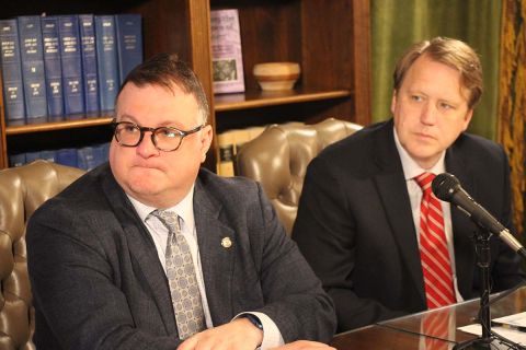  House Minority Leader Matt Hall, R-Richland Township, and Senate Minority Leader Aric Nesbitt, R-Porter Township, sitting at a table.