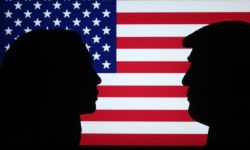 Silhouettes of Kamala Harris and Donald Trump.