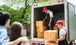 workers in uniform unloading cardboard boxes from the truck. Delivery men unloading boxes