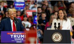 Former President Donald Trump rally photo on left and Kamala Harris on the right