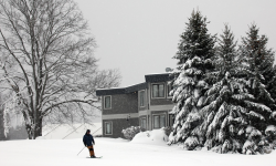 Skier on a snowy Crystal Mountain in Thompsonville, Michigan 