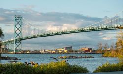 View of Ambassador Bridge over Detroit River. 